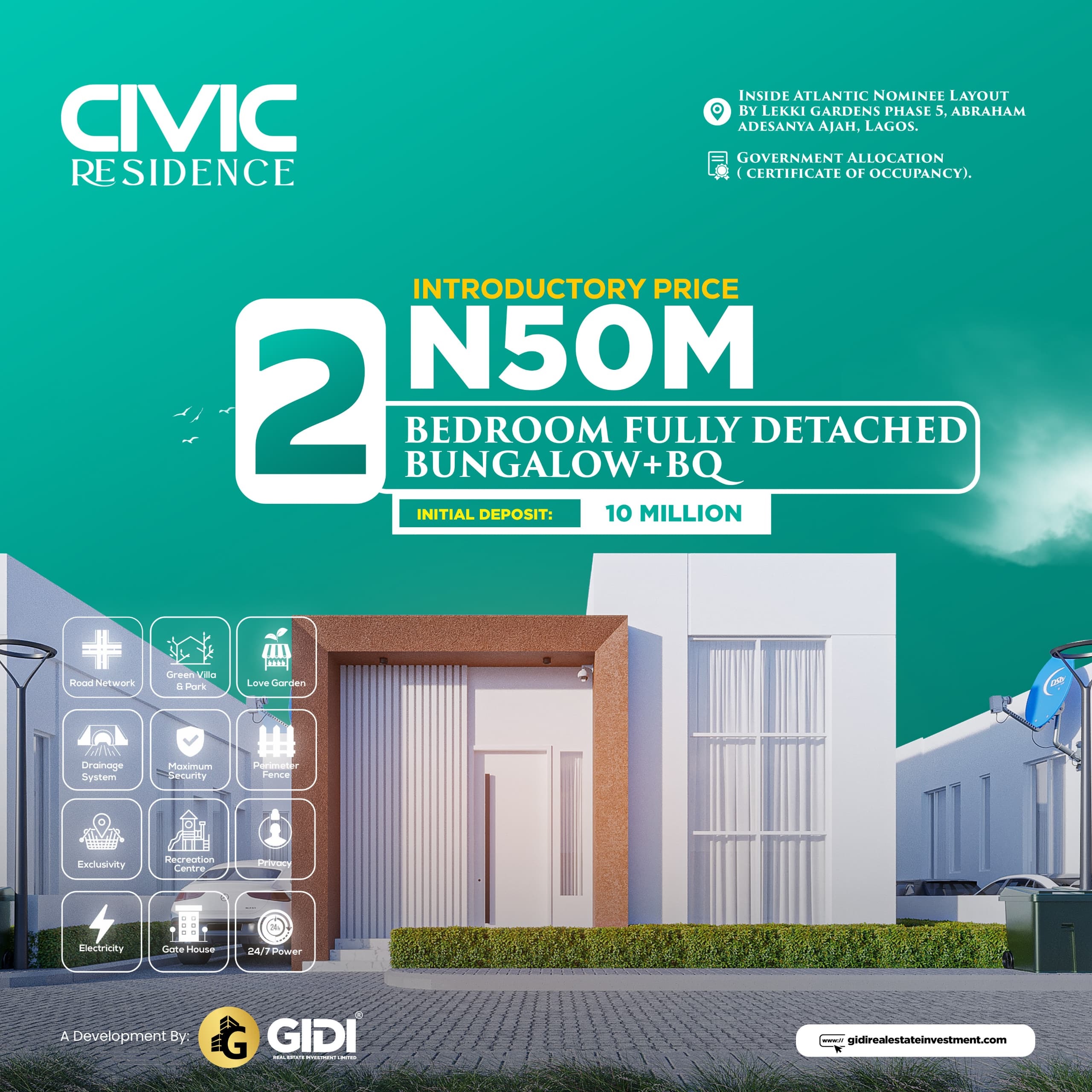 Civic Residence is a unique development of premium site and service plots, 2 bedroom detached bungalows with bq, 3 bedroom detached bungalows