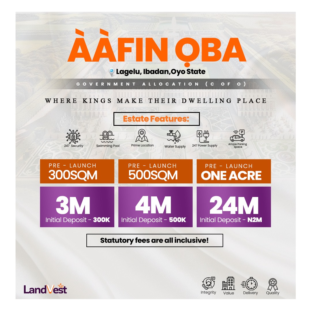 Aafin-Oba boasts a prime location with easy access to key landmarks, including Ibadan Airport, Air Force Comprehensive School lagelu, the Dry