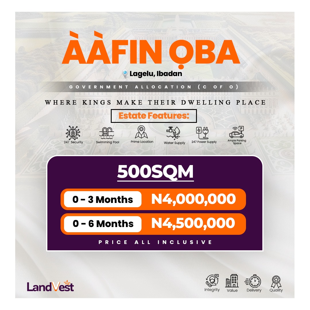 Aafin-Oba boasts a prime location with easy access to key landmarks, including Ibadan Airport, Air Force Comprehensive School lagelu, the Dry