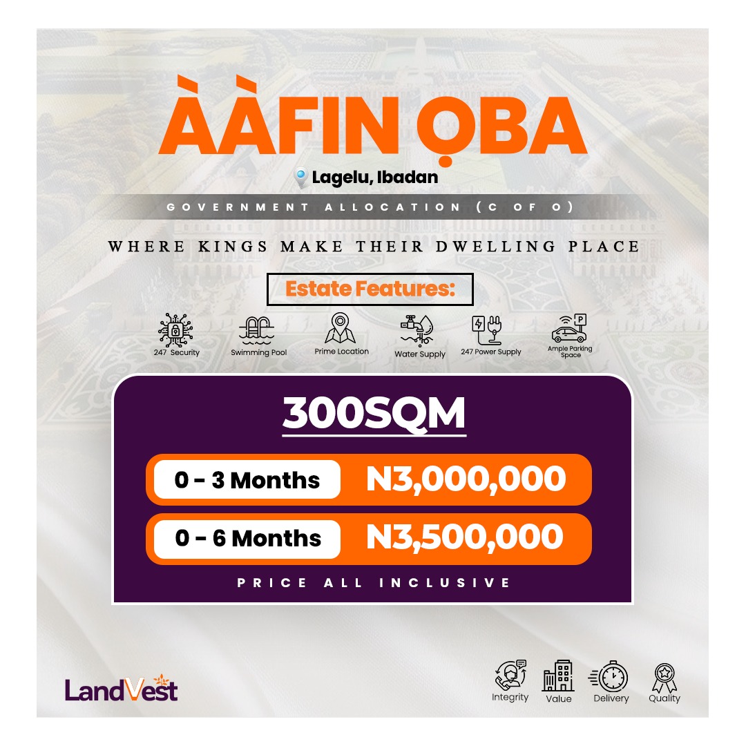 Aafin-Oba boasts a prime location with easy access to key landmarks, including Ibadan Airport, Air Force Comprehensive School lagelu, the Dry