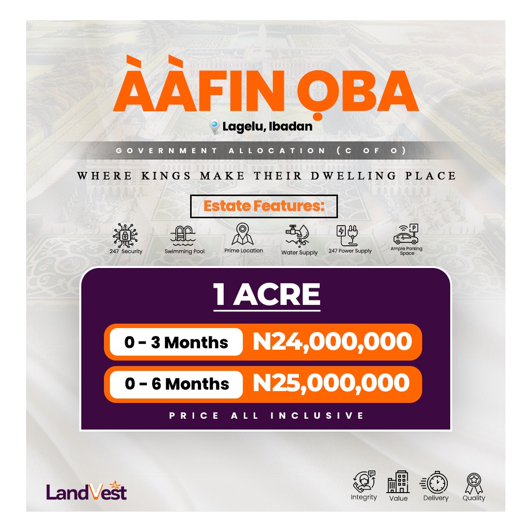 Aafin-Oba boasts a prime location with easy access to key landmarks, including Ibadan Airport, Air Force Comprehensive School lagelu, the Dry