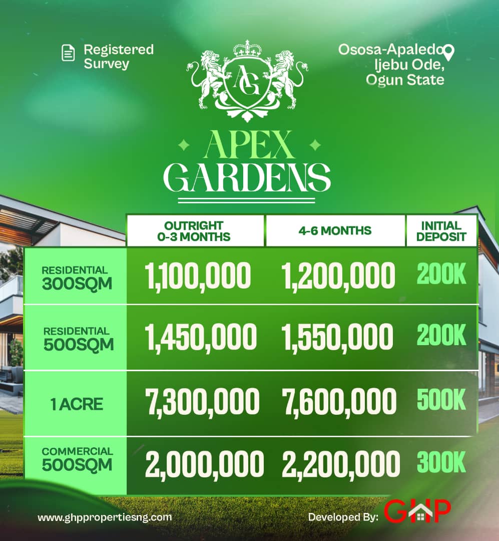 Discover a haven of tranquility and sophistication at Apex Garden Estate, nestled in the heart of Ososa Apa-Aledo, Ijebu-Ode, Ogun State